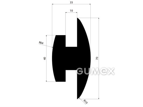 "H" Gummiprofil, 70x33/10/10mm, 70°ShA, EPDM, ISO 3302-1 E2, -40°C/+100°C, schwarz, 